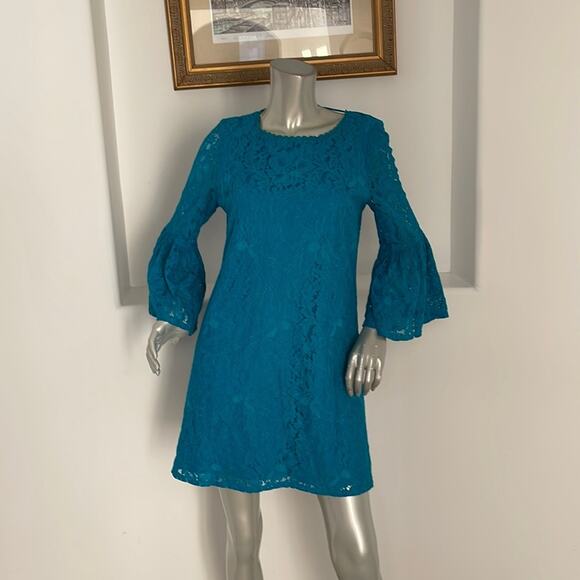 Laundry By Shelli Segal Bell Sleeve Lace A-Line Dress Blue Size 6 - Picture 3 of 14